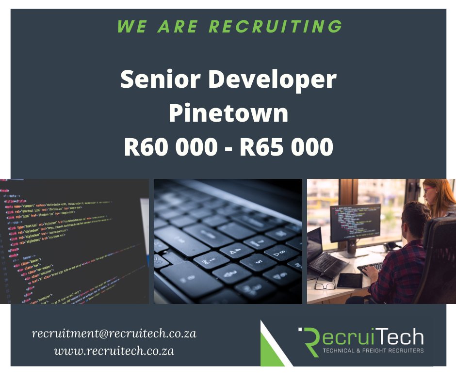 RecruiTech_SA's tweet photo. #RecruiTechJobs Senior Developer. PINETOWN. R60 000 - R65 000. Apply online: https://t.co/EJ1Tq43rYQ or send your CV to: recruitment@recruitech.co.za.
#JobSeekersSA https://t.co/VnUWXYiaKD
