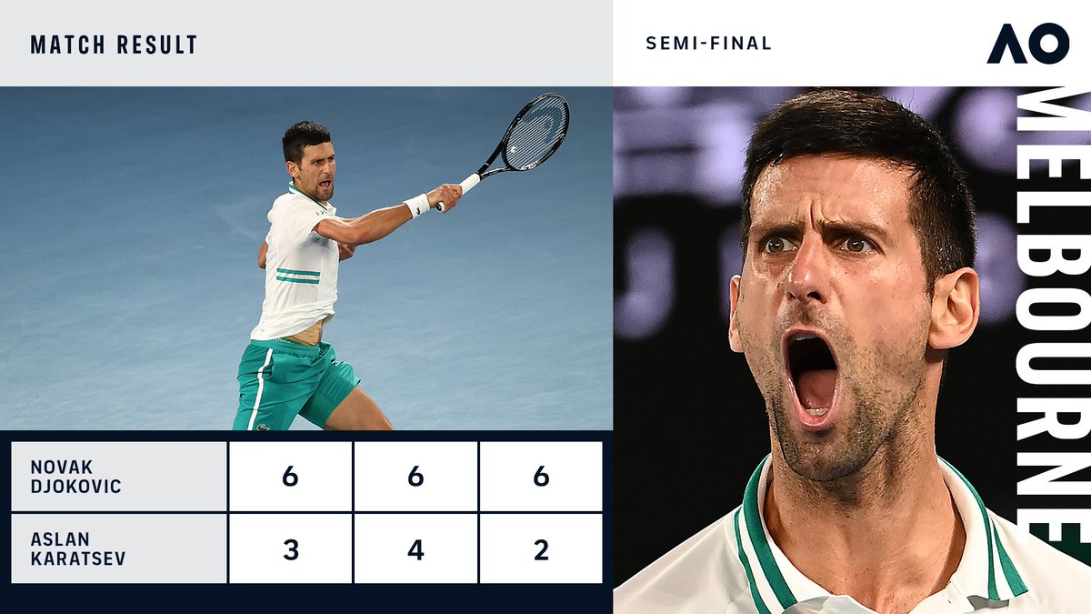 atptour's tweet photo. CONFIRMED: @DjokerNole is into his ninth #AusOpen final! https://t.co/4z9l8gLD7a