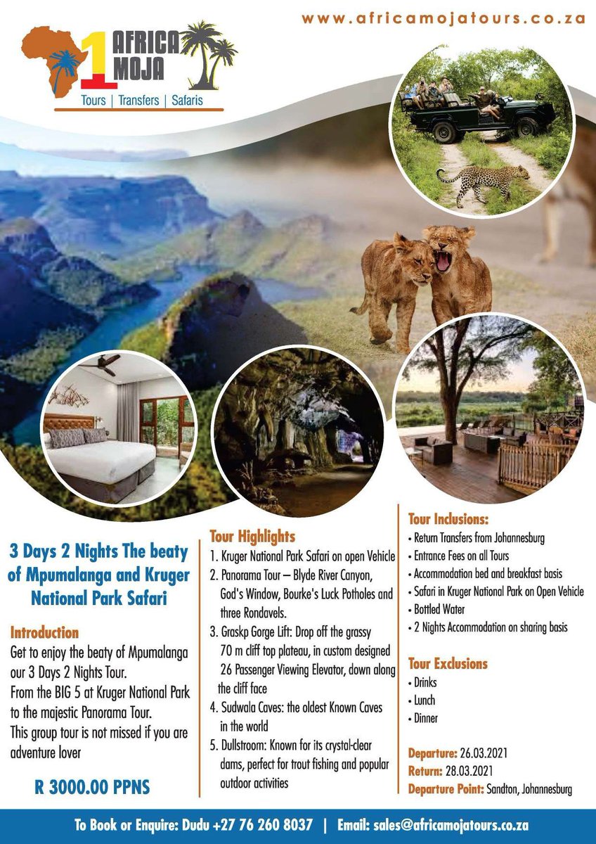 Book our 3 Days 2 Nights Panorama Tour and Kruger National Park Safari. With departures on the 26.03.2021 and return on the 28.03.2021..#KrugerNationalPark#Dullstroom#SudwalaCaves#BlydeRiverCanyon#BerlinFalls#GraskpLiftCo

Inquire on: sales@africamojatours.co.za or 0762608037