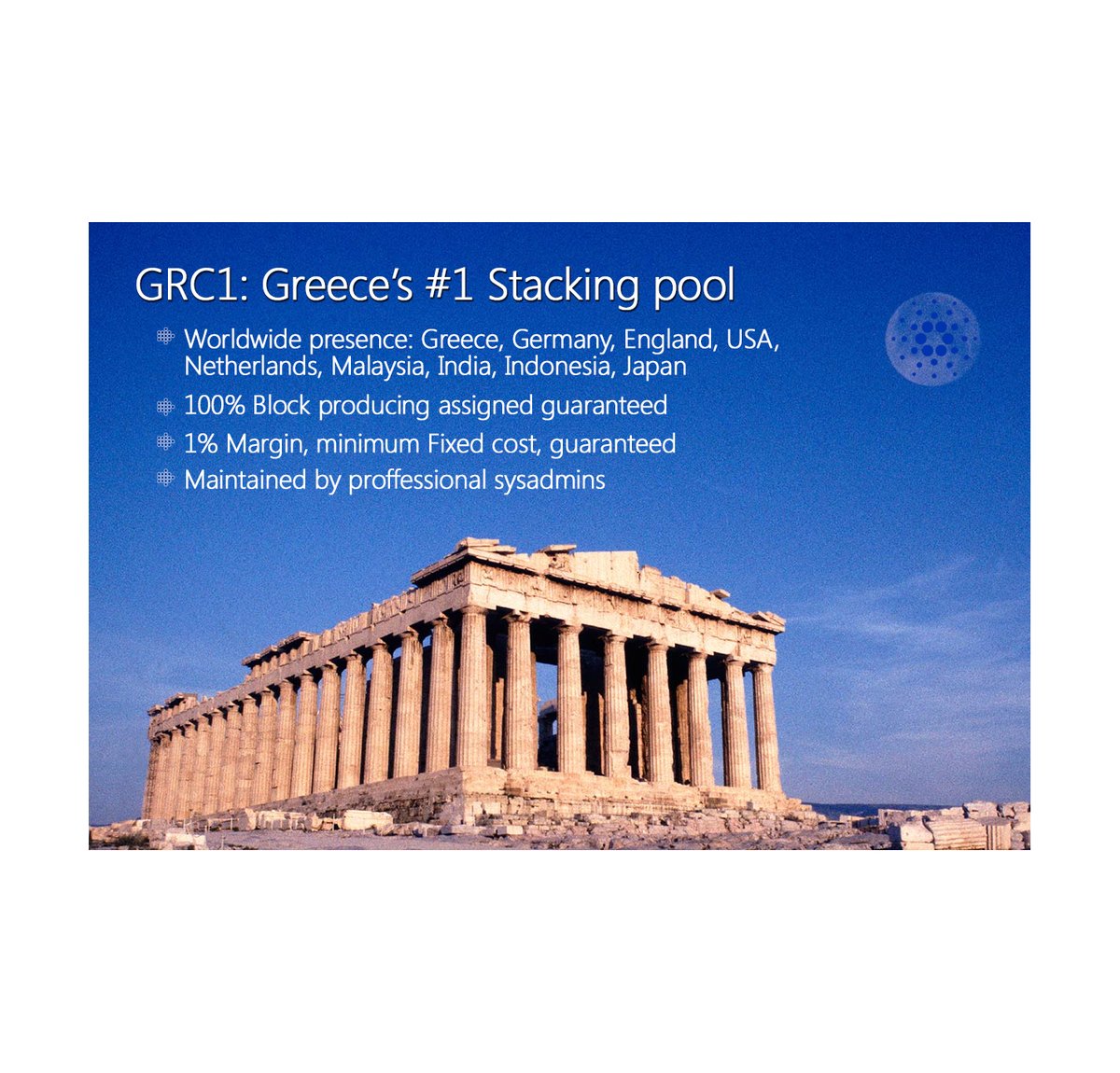 Grc1P's tweet photo. Welcome to #GRC1 Stake Pool. Stability delivered by a dense network of relays all around the globe. Stake your $ADA with us and be a part of true decentralization!!! https://t.co/llaiBsUe6P