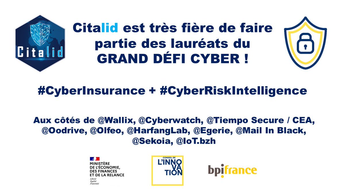 <a href="/Citalid/">Citalid</a> est fière de faire partie des 11 lauréats du #GrandDéfiCyber annoncés par <a href="/EmmanuelMacron/">Emmanuel Macron</a> ! L’objectif de notre projet MATRICE est d'unifier l'ensemble de la chaîne de pilotage du #cyberrisk dans un seul outil : #agilité #proactivité #pragmatisme bit.ly/3ptShKh