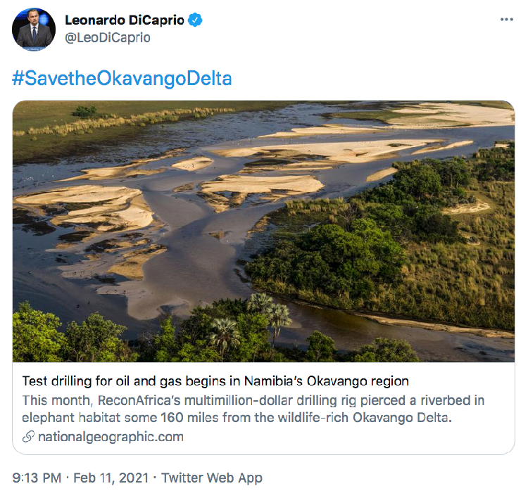 TheNamibian's tweet photo. Hollywood personalities and environmental conservation giants have added their voices to social media protests calling for a halt to oil and gas exploration in the Okavango basin, which is shared by Namibia and Botswana. https://t.co/KEvg10vaZj https://t.co/gipguXudE0