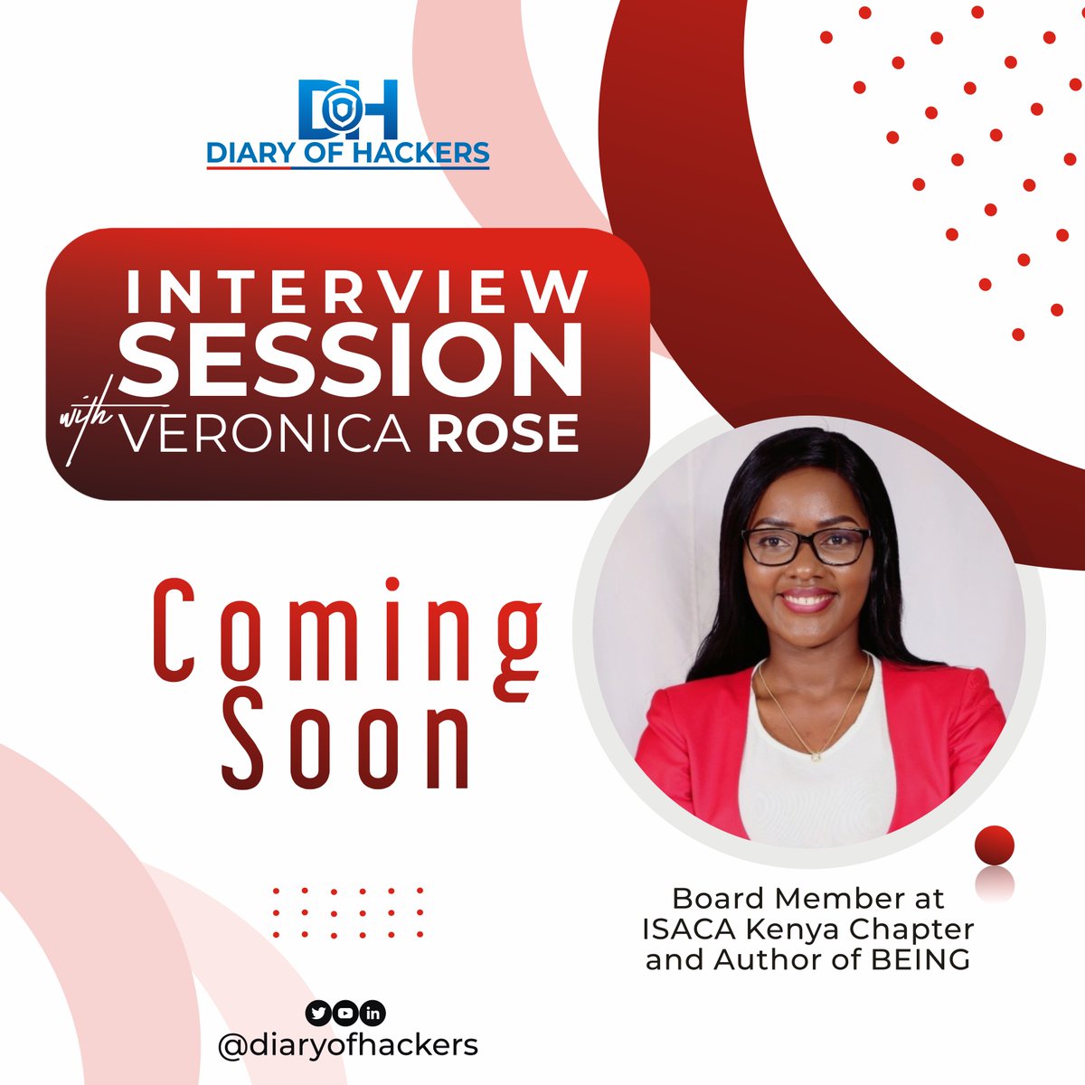 Another interesting interview with Veronica Rose dropping soon 🔥🔥

#ladiesincyber don't miss this 😉

Subscribe to get notified: youtube.com/c/diaryofhacke…

#infosec #interview <a href="/cybersecurity/">U.S. Chamber Cyber</a> #isaca #kenya