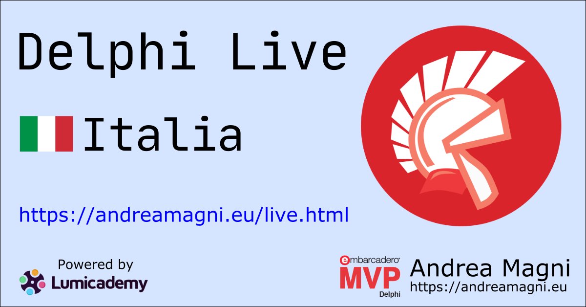 andreamagni82's tweet photo. Save the date: torna Delphi Live Italia!
Lunedì 22 Febbraio 2021, h. 16:00.

https://t.co/Ao4MjoeBkC

#Delphi #developers #Italia 
@acarlomagno @CarloBarazzetta https://t.co/zUtR9eGjzc