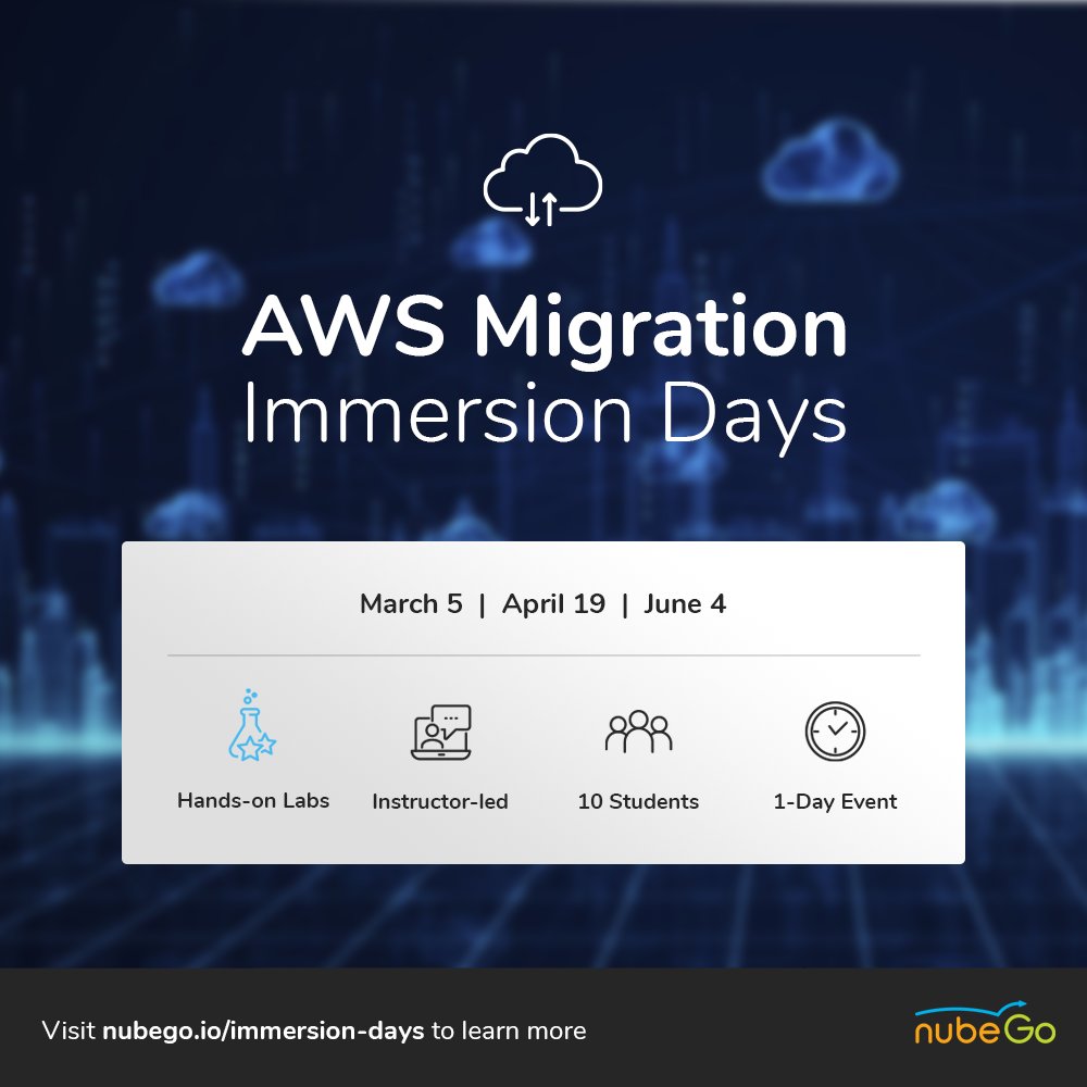 AWS Migration Immersion Day by nubeGo. Book your session for up to 10 learners and unlock your AWS potential with nubeGo experts. nubego.io/immersion-days 

#amazonwebservices #cloudcomputing #containers #migration #security #serverless #databasemigration #immersiondays #nubeGo
