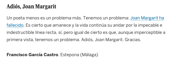 mjesusespinosa's tweet photo. "Un poeta menos es un problema más". Cartas al Director en @el_pais. https://t.co/EnHOHxsryG