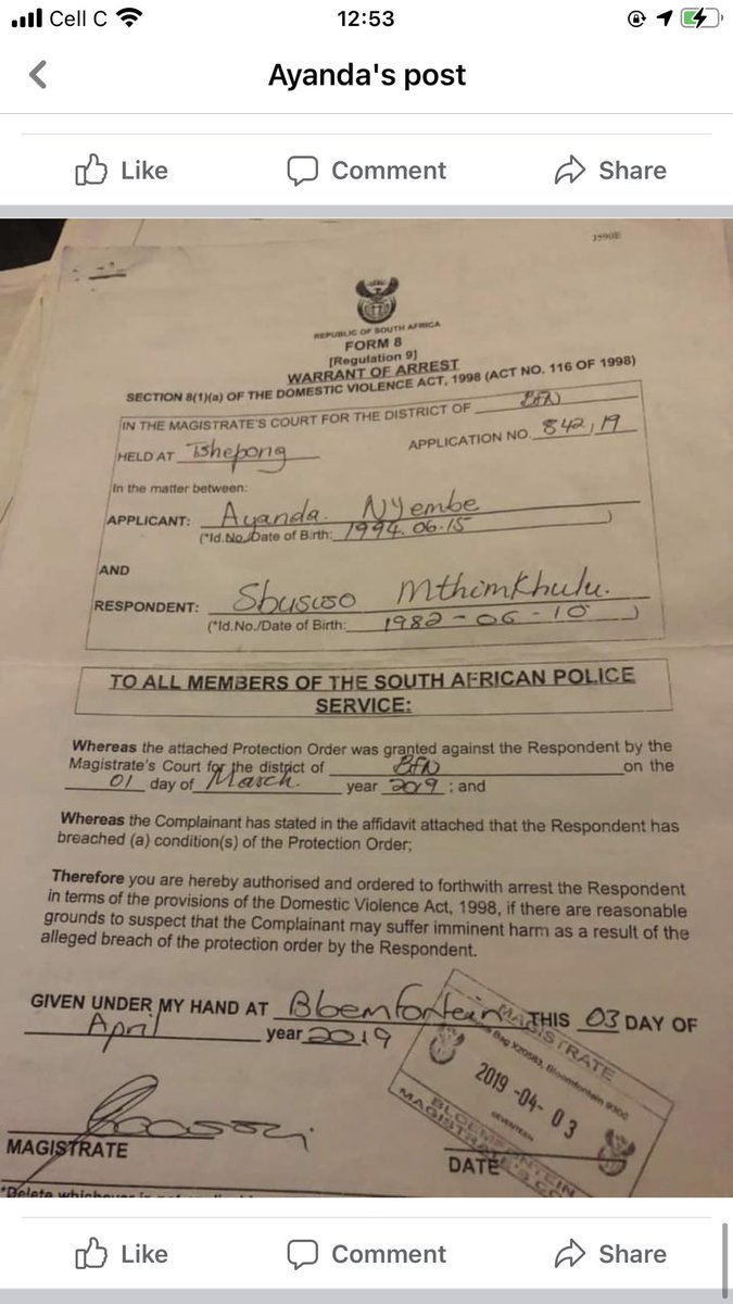 Ayanda07726313's tweet photo. When I got this I thought I’m safe💔but I’m not....because the justice system won’t help me....even when he plead guilty to attempted Murder it’s on record...they say I’ve got depression I’m lying SA justice @Nkureentuli https://t.co/1jCfdqBx8O