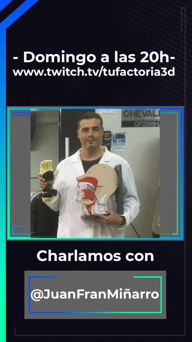 Factoria3dTu's tweet photo. Este Domingo nos visitará, en directo desde la Universidad de Murcia, @Juanfminarro .Hablaremos de Impresión3d y Medicina #MakerSessions. https://t.co/SrraxrQvOF