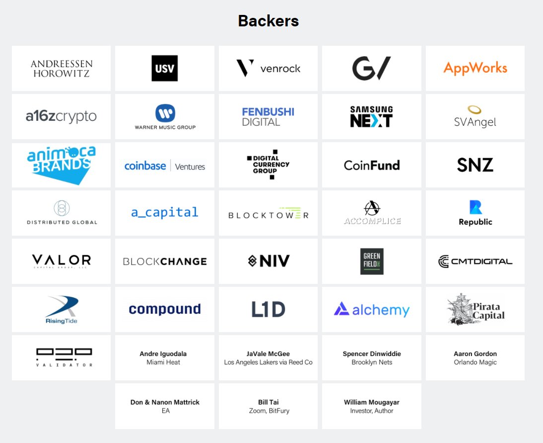 6) So you might be thinking, wow thats impressive... but show me who invested in this? It all seems to be to good to be true. And youre right. But it is true. Below is a picture of the investors, including A16Z, Coinbase Ventures, Warner Music Group and Samsung.