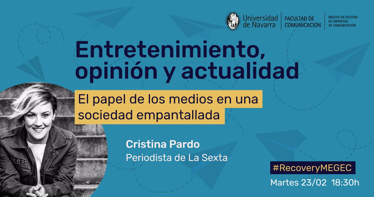 PerezLatre's tweet photo. Las pantallas están más presentes en nuestras vidas y se difuminan las líneas entre opinión, actualidad y entretenimiento. ¿Cómo distinguir bien? #TV
Atentos al próximo #RecoveryMEGEC (28.2). ¡Y muchas gracias a los grandes @cristina_pardo y @nacensenat!
https://t.co/KfIR5QKjuT https://t.co/hMbfCOkGz7