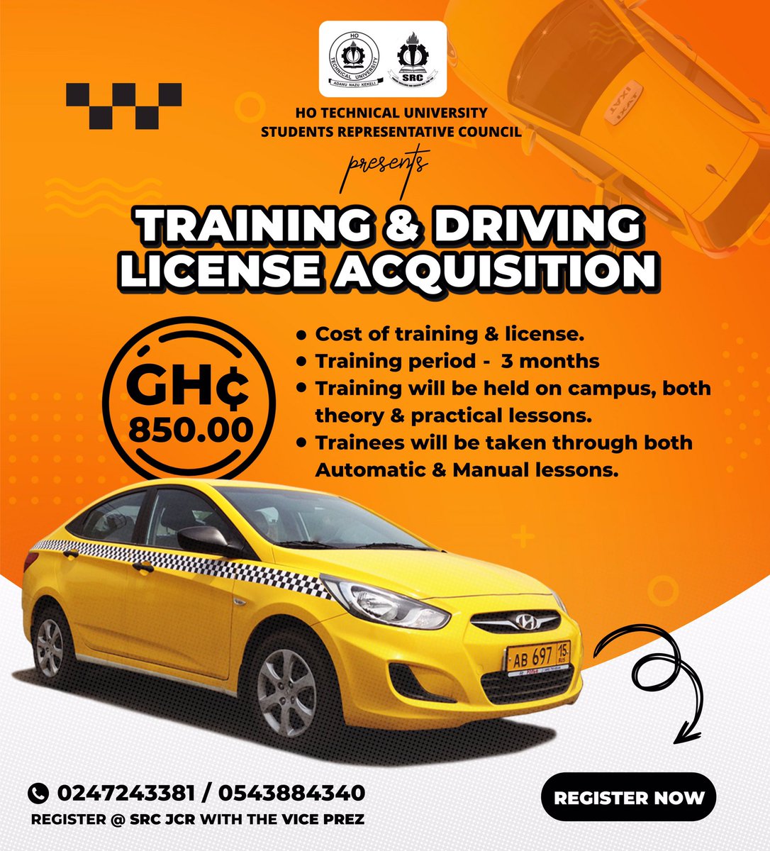 HTUSRC_'s tweet photo. Training &amp; Driving License Acquisition @ Ghc 850.00. Interested students should visit the SRC Vice Presidents Office for Registration. 🚘🚘🚘 https://t.co/COF64pkFYC