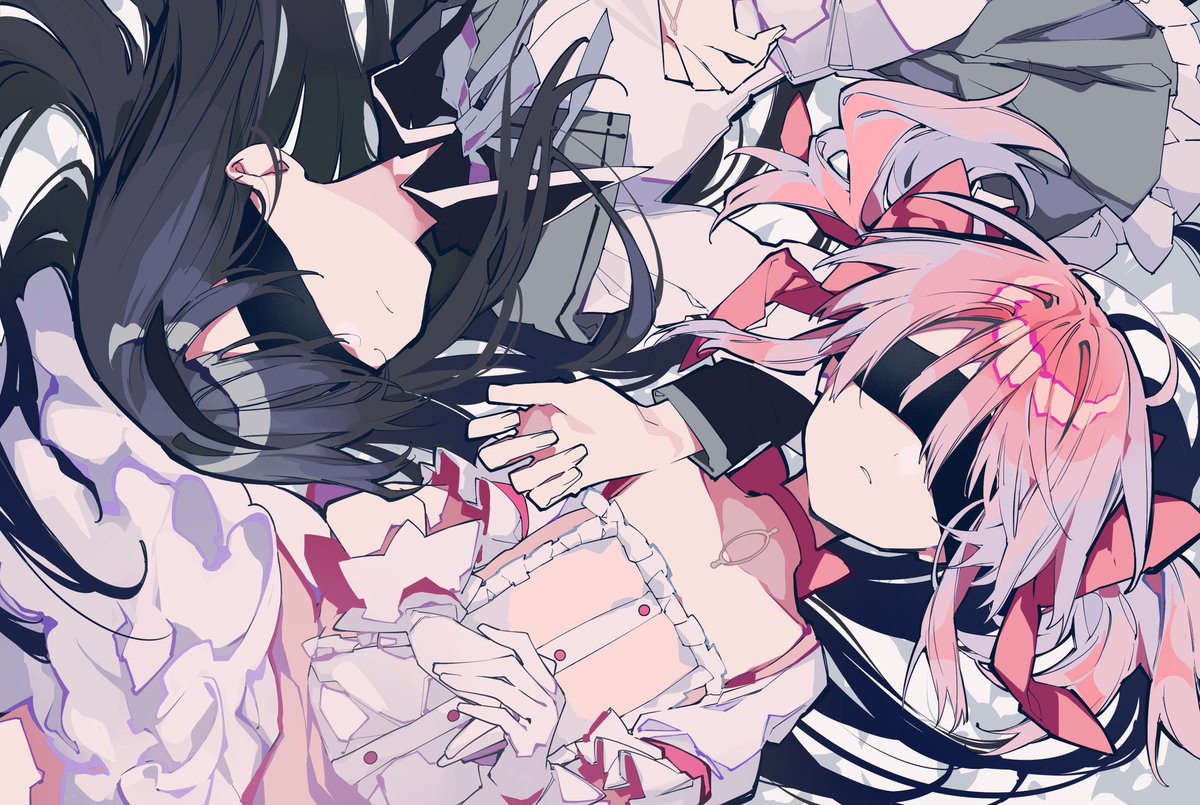 akemi homura ,kaname madoka multiple girls 2girls black hair pink hair long hair twintails skirt  illustration images