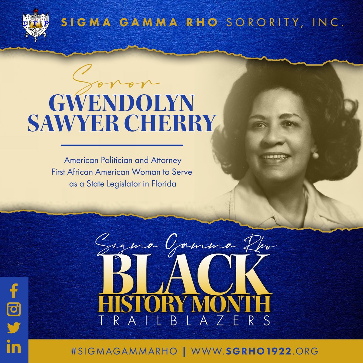 SGRho's tweet image. Sigma Gamma Rho is proud to salute our members who have made significant contributions to Black History. Today, we are featuring Soror Gwendolyn Sawyer Cherry, For more info about Gwendolyn Sawyer Cherry, go to gscbwla.org/Gwendolyn-Sawy… .

#SigmaGammaRho #SGRhoTrailblazer #BHM #TBT