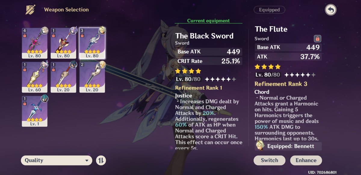 flute is good on her too and she'd gain so much from the extra attack% substat. it helps deal damage, but you need extra crit rate stats to help make each damage hurt a bit more. is flute better than black sword?— theyre both good. i like both. :)