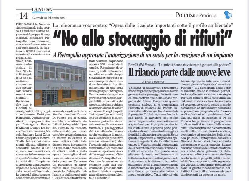 PerPietragalla's tweet photo. Rassegna stampa sui principali quotidiani locali sul nostro NO all’installazione del sito di stoccaggio dei rifiuti a San Nicola di Pietragalla
#openconsiglio #pietragalla https://t.co/pAvnfK6dIw