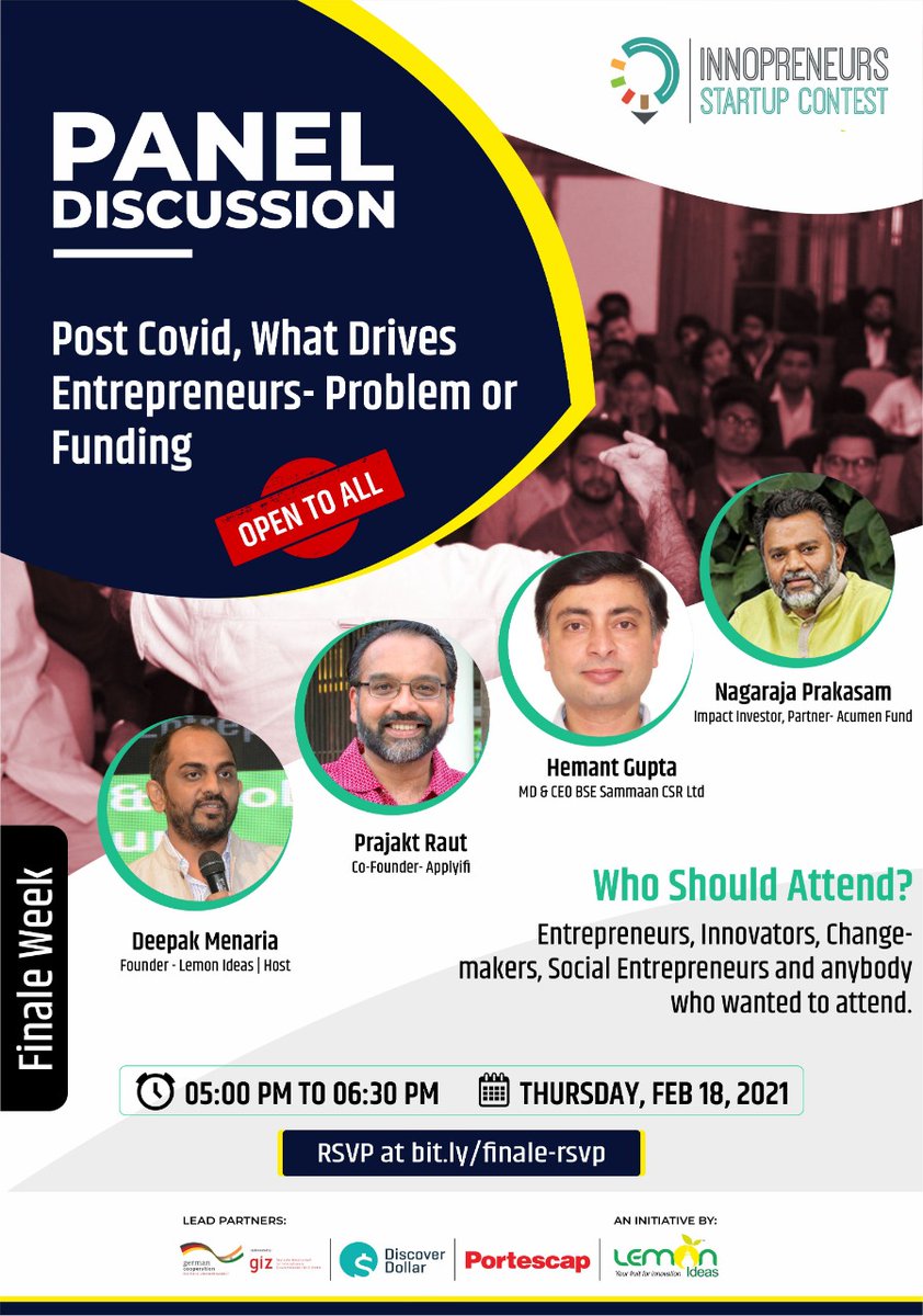 Happening now!

Panel Discussion on Post COVID, What Drives Entrepreneurs - Problem or Funding? as part of Finale Week of Innopreneurs Startup Contest (6th Edition). 

You can attend the session at bit.ly/LemonYTube

For timely reminders, RSVP at bit.ly/finale-rsvp