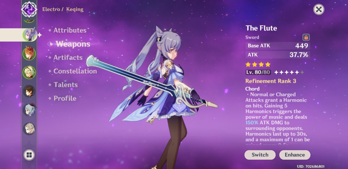 flute is good on her too and she& #39;d gain so much from the extra attack% substat. it helps deal damage, but you need extra crit rate stats to help make each damage hurt a bit more. is flute better than black sword?— theyre both good. i like both. :)