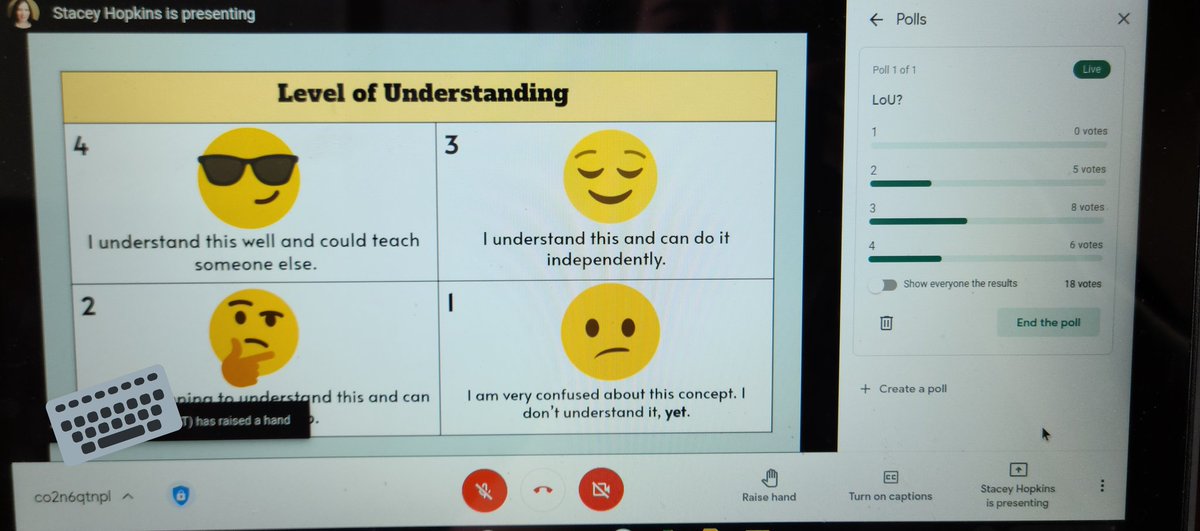 mme_hopkins's tweet photo. Showing a Level of Understanding scale in #GoogleMeet and taking a poll can be a great way to gauge your class' understanding of a learning goal! Bonus: Meet will send a list of what each S answered after the Meet is over so you can be responsive to specific student needs! https://t.co/hCWNxiIgkR