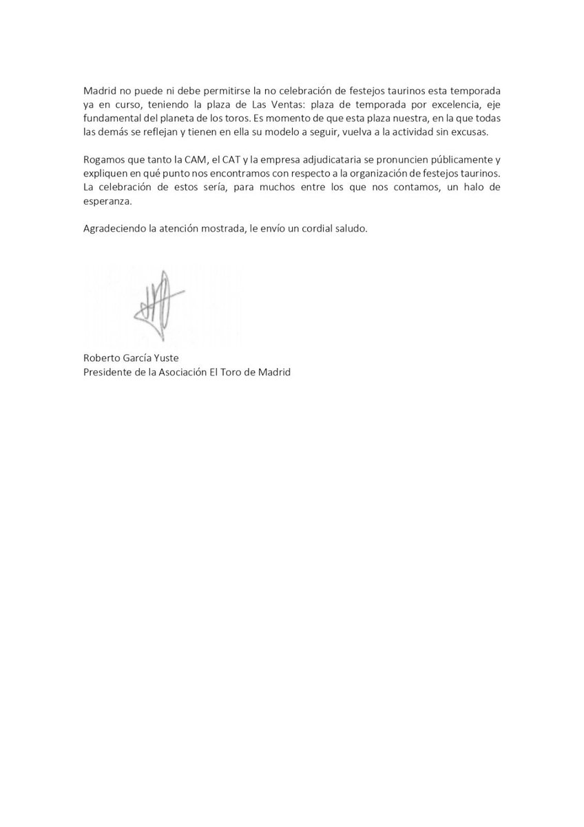 ATorodeMadrid's tweet photo. En la mañana de hoy hemos entregado esta carta a la CAM, CAT y empresa adjudicataria para poner de manifiesto una serie de preocupaciones y valoraciones acerca del momento que atraviesan los toros en nuestra región. https://t.co/WygXoZHZKz