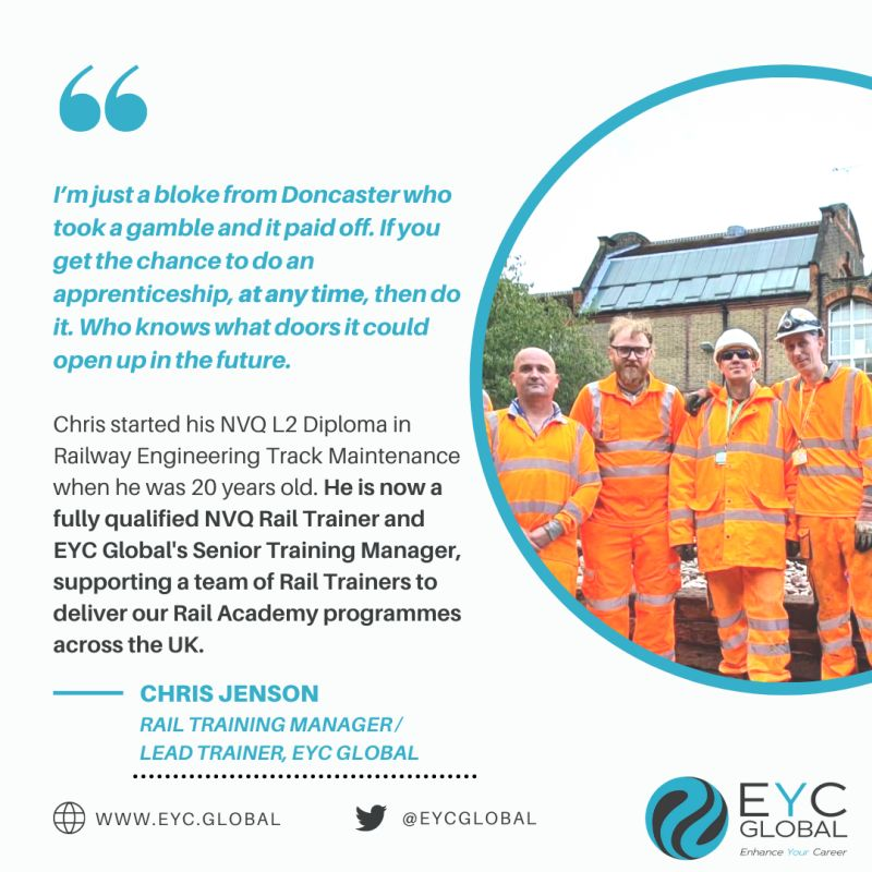 EycGlobal's tweet photo. Chris Jenson took up an apprenticeship when he was 20 years old, and he's now a fully qualified NVQ Rail Trainer &amp; EYC Global's Senior Training Manager, supporting a team of Rail Trainers to deliver our Rail Academy programmes across the UK.
Contact us at info@eyc.global for more https://t.co/beGYaV8Ncg
