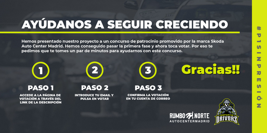 🏁 AYUDA #Simracers 🏁
  
¿NOS AYUDÁIS A GANAR UNA VOTACIÓN?

🔽🔽🔽🔽🔽
wshe.es/G7FZeSef 
🔼🔼🔼🔼🔼

OS LO AGRADECERÍAMOS ENORMEMENTE 😉😉😉

1⃣ Pincha en el enlace
2⃣ Vota con tu email
3⃣ Pincha en recibe email
4⃣ Confirma en email

#AluminiosCapellán
#GoSDV🖤💛