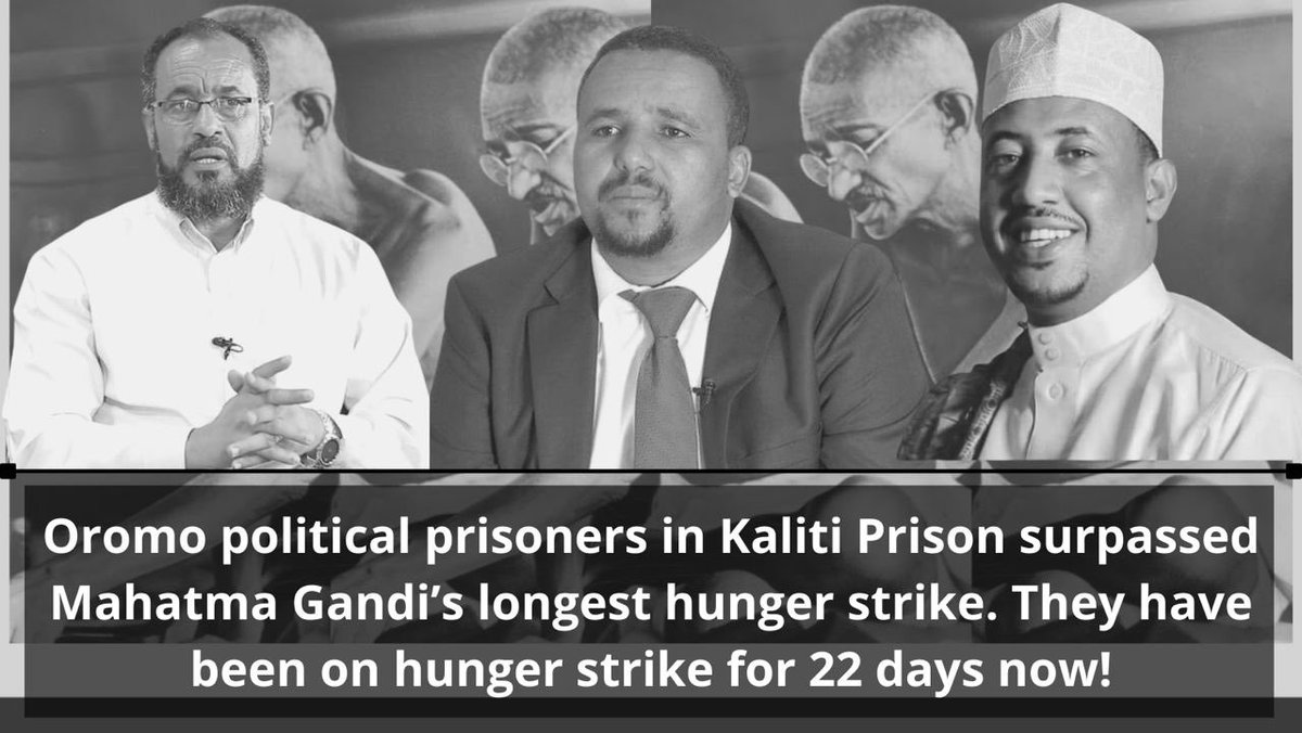 MilkeessaaB's tweet photo. Oromo political prisoners in Kaliti Prison surpassed Mahatma Gandi’s longest hunger strike. They have been on hunger strike for 25 days now! https://t.co/iijmeu0D4d
