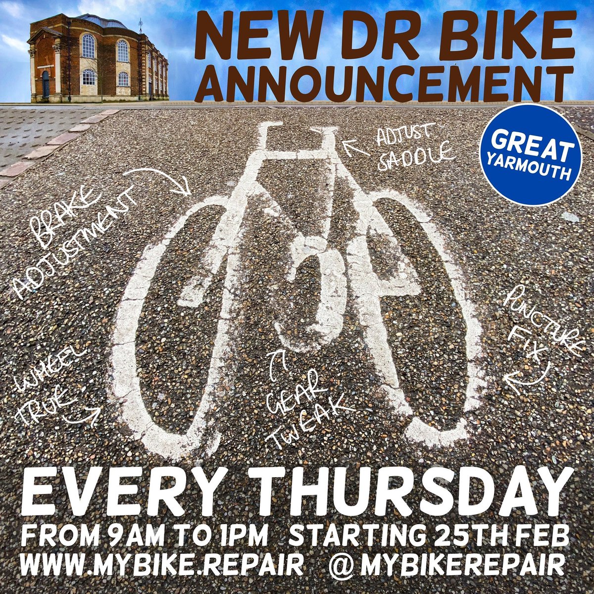 The Doctor is in!
Starting next Thursday, Dr Bike will be coming to St George's Theatre plaza every week to offer FREE bicycle maintenance!
So drag that old bike out from the  back of the shed and get it ready for some sunny spring cycles!
@mybikerepair