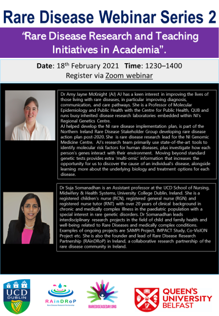 The second in this series of #RAINDROP #RareDiseases Public seminars will commence at 12.30 today. Focused on the “Rare Disease Research and Teaching Initiatives in Academia”. <a href="/a_j_mcknight/">Prof AJ McKnight</a> <a href="/CPH_QUB/">QUB Public Health</a> <a href="/ucdsnmhs/">UCD School of Nursing, Midwifery & Health Systems</a>  <a href="/ucddublin/">University College Dublin</a> register via ucd-ie.zoom.us/webinar/regist…