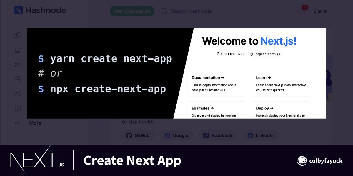 The easiest way to get started with a new Next.js app is with Create Next App Simply run:yarn create next-appornpx create-next-app You can even start from a git-based template with the -e flagyarn create next-app -e  https://github.com/colbyfayock/next-sass-starter https://nextjs.org/docs/api-reference/create-next-app