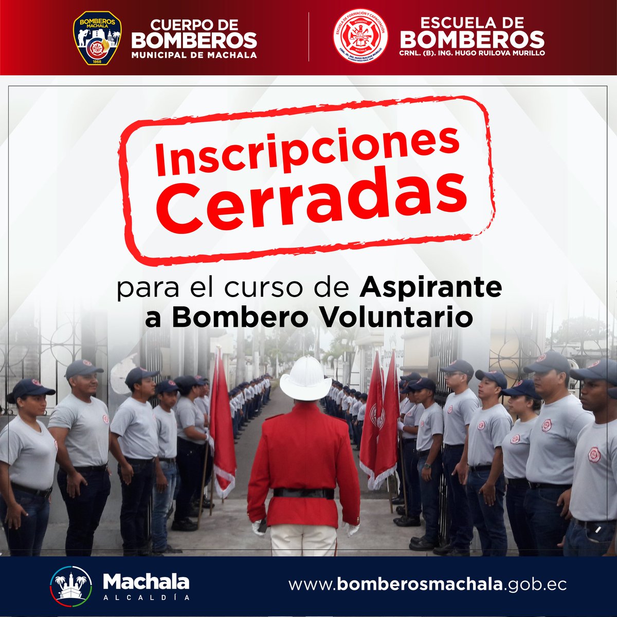 Informamos a la ciudadanía que gracias a la acogida que tuvo el curso de Aspirante a Bombero Voluntario se ha llegado al cupo máximo de inscritos. 👦🏻👨🏻‍🚒

#BomberosMachala