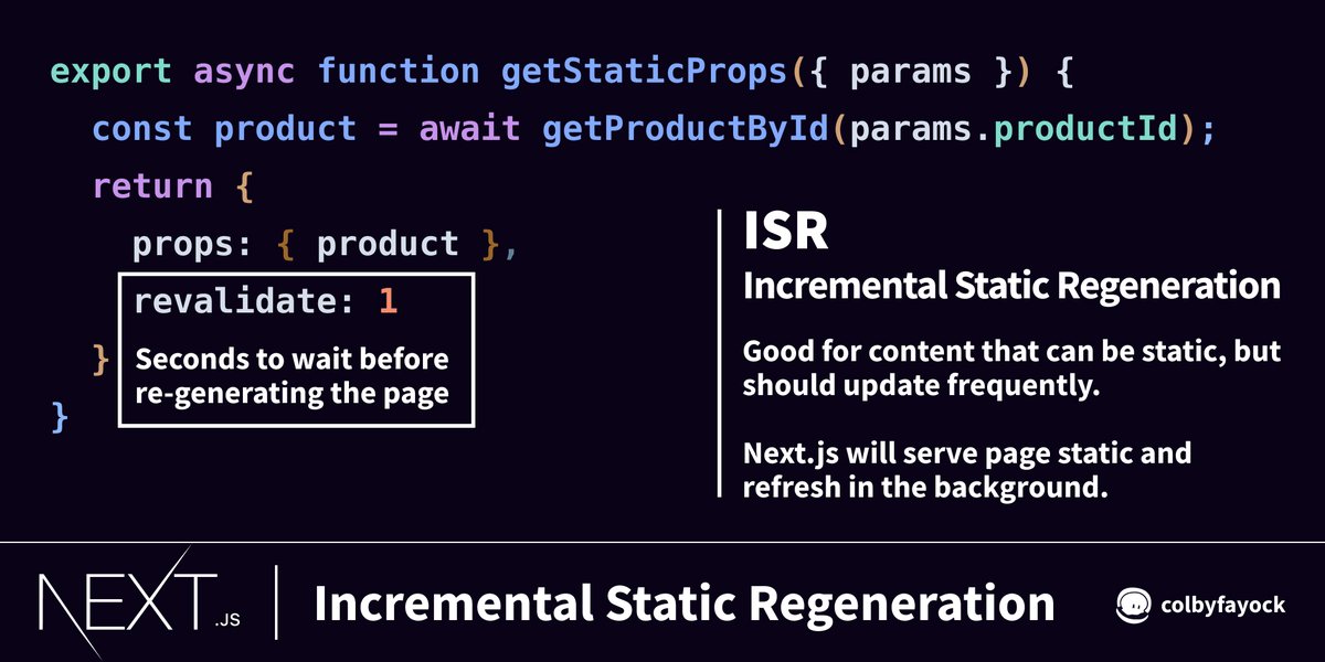 There's also a hybrid approach with ISRISR = Incremental Static RegenerationCaching mechanisms serve pages statically while refreshing stale content in the background on the serverSetting revalidate on getStaticProps defines how often it refreshes https://nextjs.org/docs/basic-features/data-fetching#incremental-static-regeneration