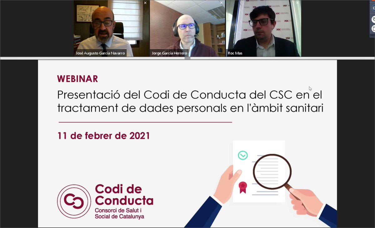 🔒Presentat el #CodideConducta en protecció de dades de #ConsorciCSC, el primer codi de  l'àmbit sanitari a Europa🇪🇺👉 Recupera el vídeo de la presentació a càrrec del cap de l'Àrea de Protecció de Dades <a href="/roc_mas/">Roc Mas</a> i la conferència de <a href="/jgarciaherrero/">Jorge García Herrero</a> bit.ly/PresentatCodiC…
