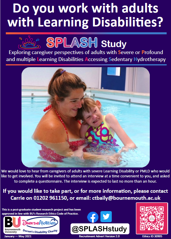 SPLASHstudy's tweet photo. Do you support someone with a Learning Disability who's had hydrotherapy as an adult? We'd love to hear your experiences. There's still time to take part in @SPLASHstudy Contact Carrie (ctbaily@bournemouth.ac.uk) for more info #LearningDisabilities #hydrotherapy #research https://t.co/tKe69K5kmp