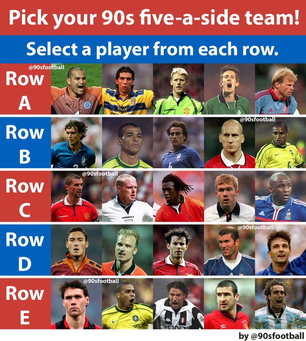 Pick your 90s five-a-side team. Simply select a player from each row. Let us know your teams!