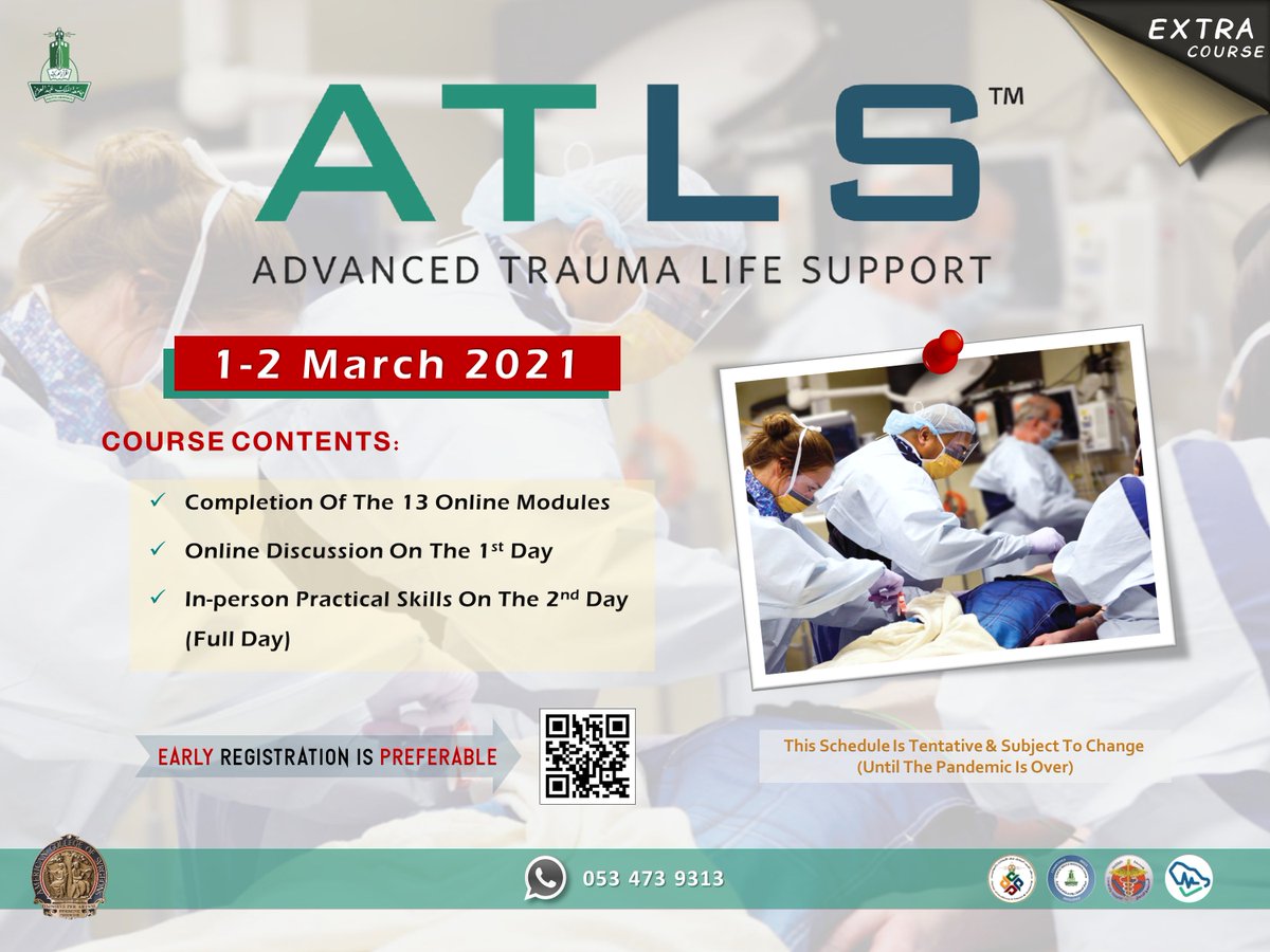 Upcoming...
      📍  ATLS course 1-2 March, 2021 📍

For Registration, pls contact us thru Whatsapp:
0534739313

<a href="/Dralmarhabi/">Dr.Almarhabi, Yahya</a> 
<a href="/CSSCKau/">ClinicalSkills&SIM</a> 
<a href="/KAUHospital/">الـمـسـتـشـفــى الـجـامـعــي</a> 
<a href="/doctorksa/">DoctorKSA Medical</a> 
<a href="/GlobalMedEvents/">Medical Events 🇸🇦</a> 
<a href="/SGMsaad/">د. سعد الـغـانم</a>