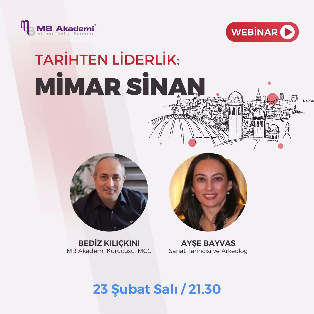 mbakademi's tweet photo. Sizi ücretsiz webinarımıza bekliyoruz!

Sanat Tarihçisi ve Arkeolog @abyewas ve kurucumuz @BedizKILICKINI 'nın sunacağı Tarihten Liderlik Webinar Serimiz 23 Şubat 21.30’da başlıyor!

Kayıt olmak için: https://t.co/sMlDMFlcWC https://t.co/dzgMd8CCf8