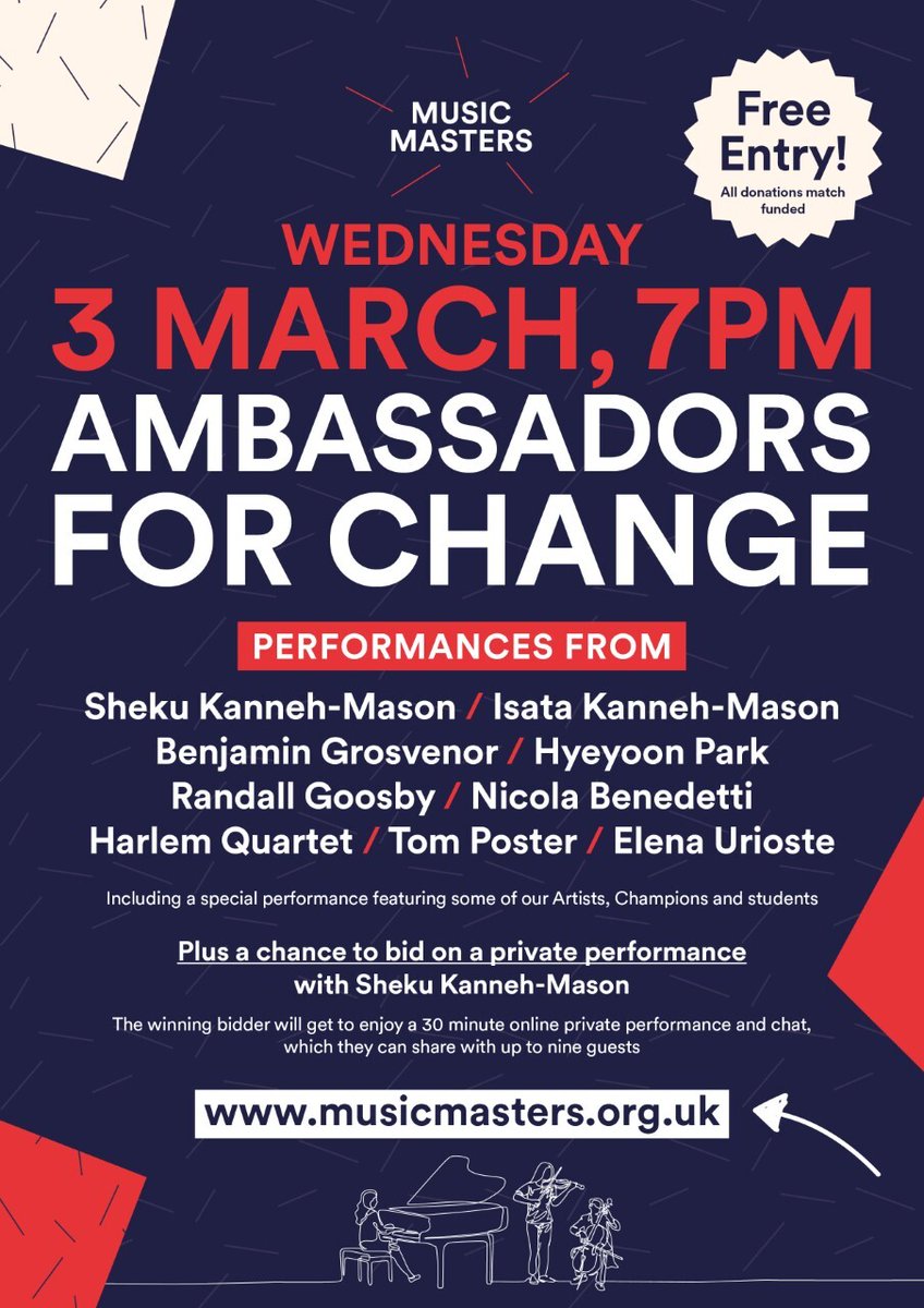 🚨EXCITING NEWS!🚨

Join us on Wednesday 3rd March for Ambassadors for Change, a FREE concert where every donation will be match funded, starring <a href="/ShekuKM/">Sheku Kanneh-Mason</a>, <a href="/IsataKm/">Isata Kanneh-Mason</a>, <a href="/grosvenorpiano/">Benjamin Grosvenor</a>, <a href="/hyeyoon_park/">Hyeyoon Park | Violinist</a>, <a href="/RandallGoosby/">Randall Goosby</a>, <a href="/NickyBenedetti/">Nicola Benedetti</a>, <a href="/HarlemQuartet/">Harlem Quartet</a>, <a href="/PosterTom/">Tom Poster</a>, <a href="/ElenaUrioste/">Elena Urioste</a> &amp; MORE!