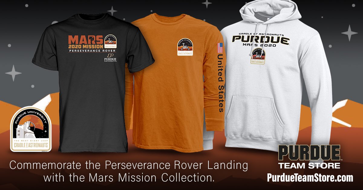 repPurdue's tweet photo. As the Perseverance Rover lands on Mars today, here’s your chance to land Purdue Mars Mission product and celebrate the contributions by fellow Boilermakers! Retweet and follow for a chance to win. https://t.co/pssSMpwT2k
