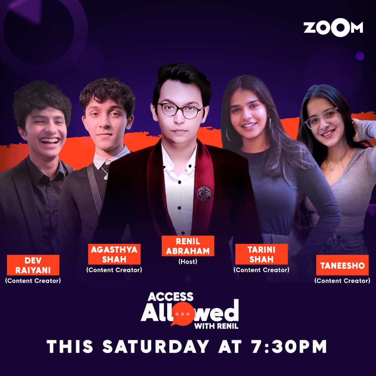 ZoomTV's tweet photo. Our guest this week on #AccessAllowed with @renilabraham_
are some of India's youngest content creators @agasthyashah1, @taneesho, @ShahTarini and Dev Raiyani

Premiering this Saturday at 7.30 pm on YouTube and Zoom. https://t.co/YUTEgyy258