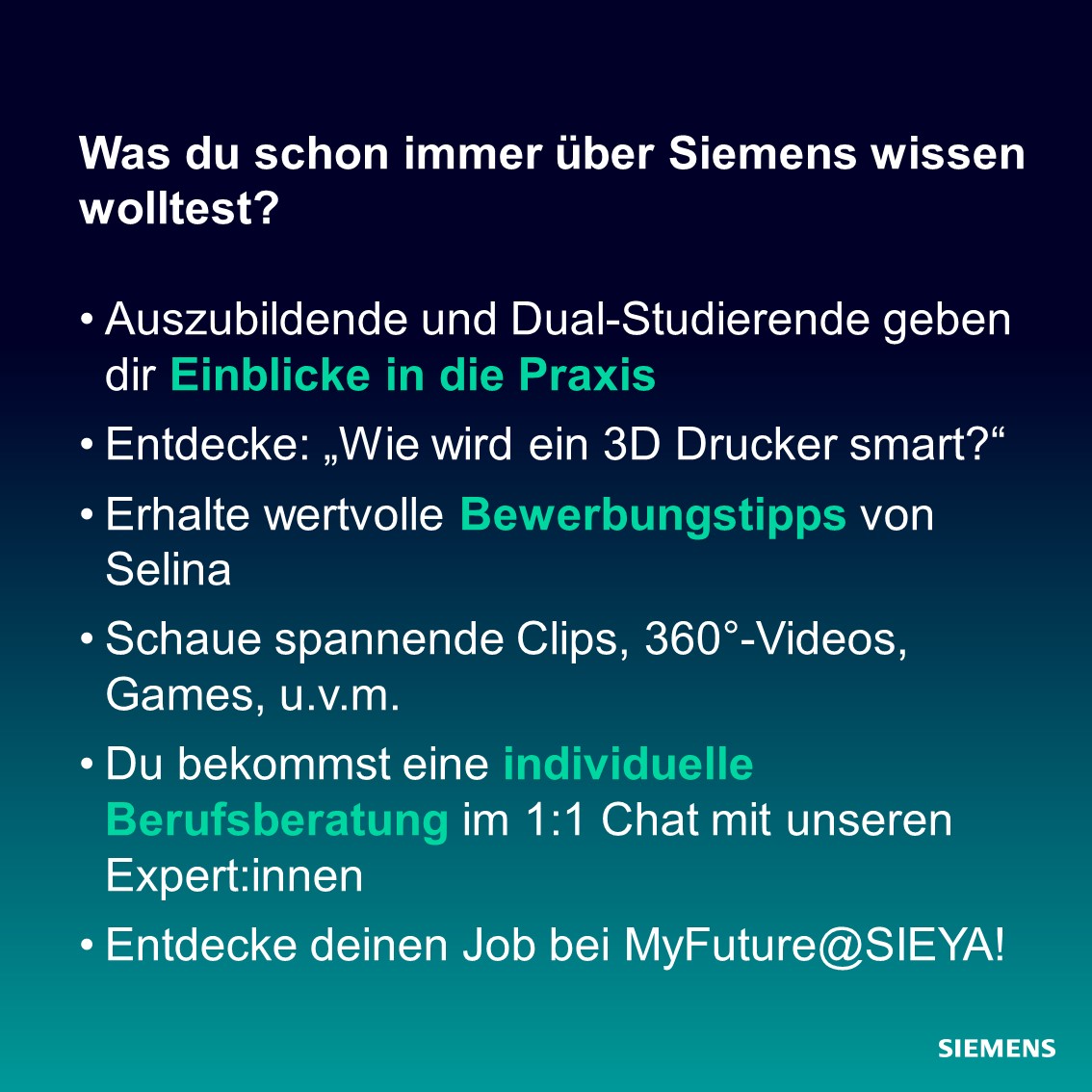 SiemensDE's tweet photo. Wie bewerbe ich mich richtig? Wie wird ein 3D-Drucker smart? 🖨️ Jetzt für unser Event „MyFuture @ SIEYA“ am 24. Februar registrieren 👉 https://t.co/v6GMrw4Jk7

Lerne unsere Ausbildungs- und Studiengänge in Südwestdeutschland kennen. Wir freuen uns auf dich! 🙌