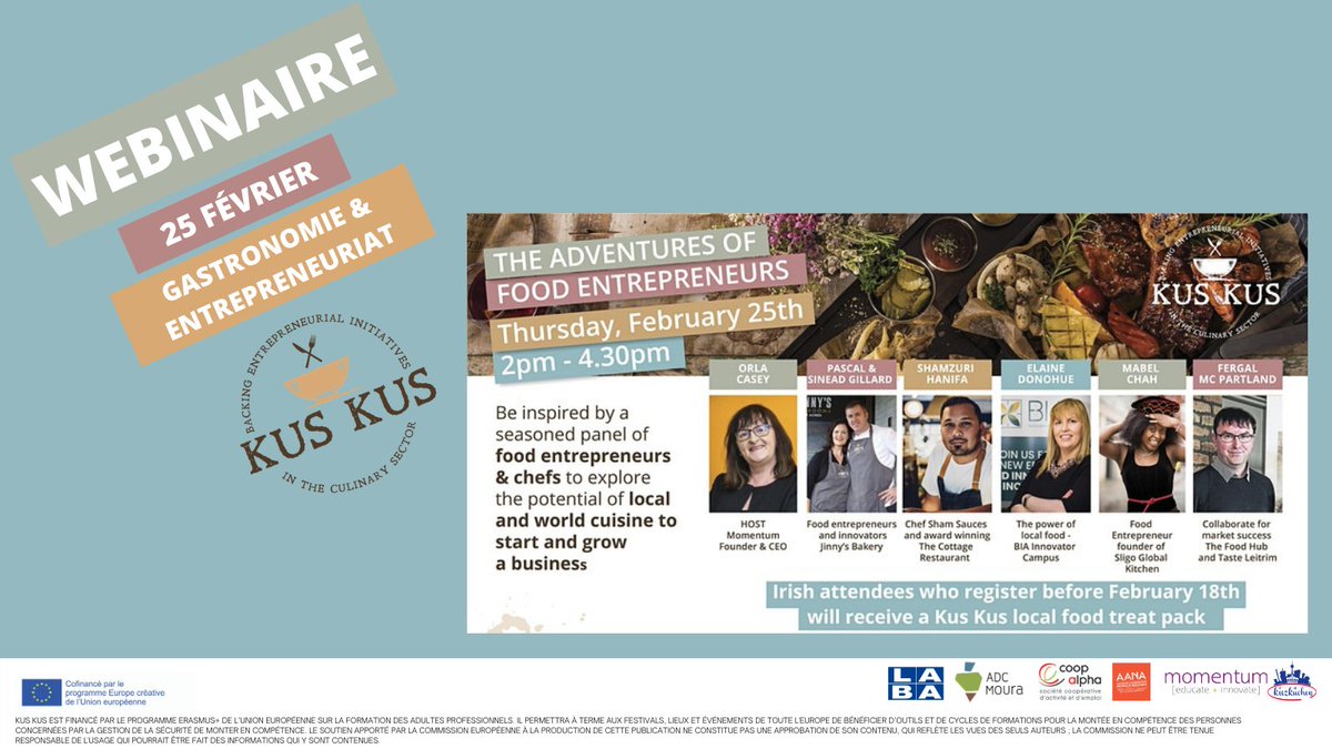 Le_LABA's tweet photo. 👩‍🍳 🧑‍🍳 💻 WEBINAIRE GASTRONOMIE &amp; ENTREPRENEURIAT

Rejoignez notre webinaire exceptionnel (gratuit) jeudi 25 février, de 15h00 à 17h00 (UTC+1) dans le cadre du projet européen @KusKusProject .

➡️ S'inscrire ici : https://t.co/JKyMjfV09o 

@ErasmusplusFR @EUErasmusPlus https://t.co/mJVXzHQWvr