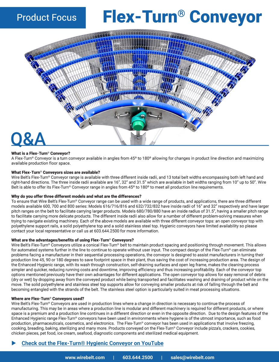 WireBeltCo's tweet photo. Read through a series of questions asked about Wire Belt's Flex-Turn® Conveyor. 

Then check out all of it's advantages on YouTube: https://t.co/DtIY5kgODZ

#flexturn #conveyors #conveyorbelts #turnconveyor #flexturnconveyor #wirebelt https://t.co/kHXIQZlaik