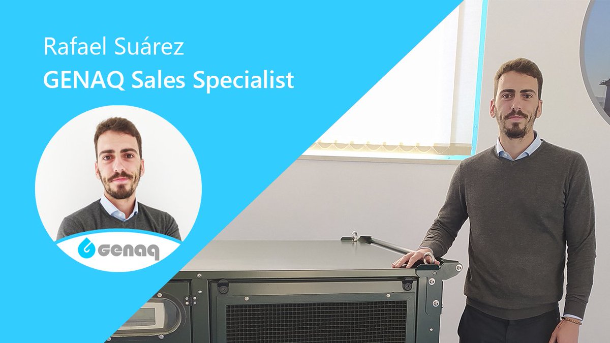 wearegenaq's tweet photo. We introduce you a new member of #GENAQ! Our Commercial Department grows with the incorporation of #RafaelSuárez as Sales Specialist. Welcome! 💧💧 #DrinkAir #WaterFromAir #PureWater #CleanWater #WaterGenerators #WaterSolution #WaterTechnology #WaterSupply #SaveWater #AirToWater https://t.co/ukQpLZi4nY