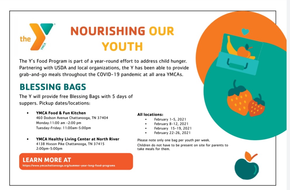 February 2021 Blessing Bags Schedule

🍏FREE for any youth 18 or younger 

🥪Please note only one bag per youth per week. 

🥪Children do not have to be present on site for parents to take meals for them.
🎒🥛🥦🌮🥕🍎🥪🍐🍊 #BlessingBags #ForaBetterUs #TheYFeedsKids