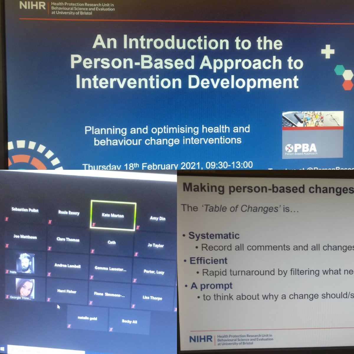 Running the third of three February '<a href="/PersonBased/">Person-Based Approach (PBA)</a> approach to intervention development' online workshops with <a href="/katemorto/">Kate Morton</a> and <a href="/SebCPollet/">Sebastien Pollet</a>. Thanks to all attendees for great engagement and discussion @HPRU_BSE <a href="/CCCAHP_UoS/">CCCAHP Southampton</a> #behaviouralscience #behaviourchange