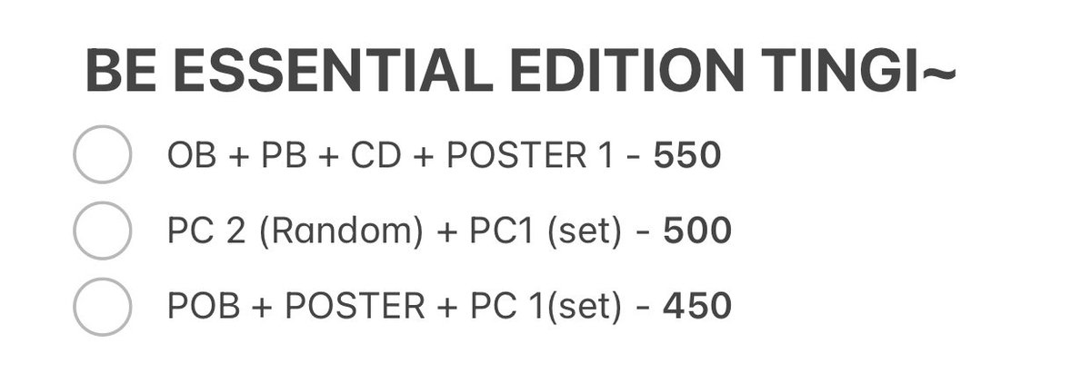 foralwayzness's tweet photo. #BHK_TINGI

BTS BE Essential Edition TINGI B3

✔️ FROM WEVERSE 
💸 see photo for pricelist
📍 DOP : MARCH 5
📍 NORMAL ETA

reply mine + items

🚫 strictly no cancellation https://t.co/KGkfFauF6M