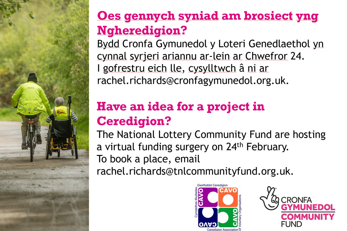 Based in #Ceredigion? Want to talk to us about #NationalLottery funding for an idea to support your community? We’re holding virtual a funding surgery with <a href="/CAVOCeredigion/">CAVO Ceredigion</a> on 24 February. Book a place here. 👇

eventbrite.co.uk/e/the-national…