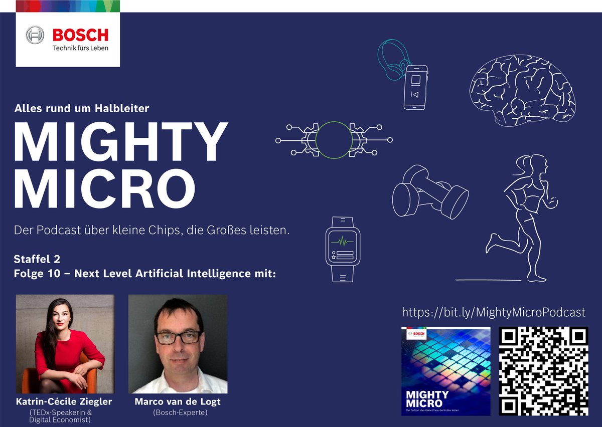 Dank #KI werden unsere #Halbleiter immer schlauer. TEDx-Speakerin @KatCeMod &amp; <a href="/BoschMEMS/">Bosch MEMS</a> Experte Marco Van de Logt erklären in der aktuellen Folge des <a href="/BoschGlobal/">BoschGlobal</a> Podcasts #MightyMicro, wie #KI die Zukunft beeinflusst und wie #EdgeAI uns fitter macht: bit.ly/MightyMicroPod…