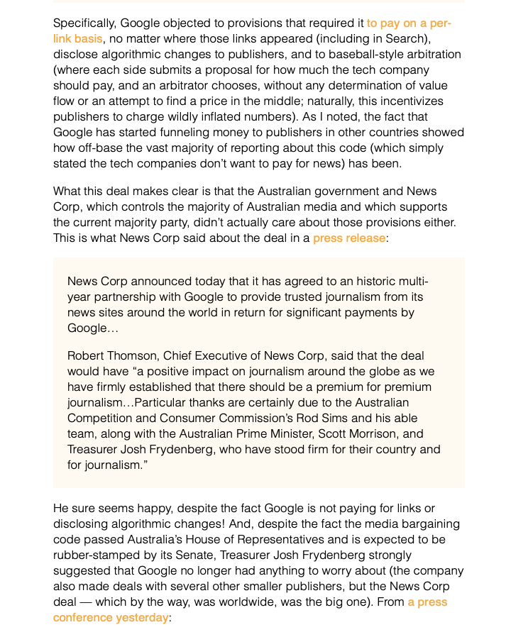 Stratechery today is excellent on this, esp on how the Google-News Corp deal exposes the shake-down nature of it all.This whole thing feels humiliating for the ACCC, which has allowed itself to be used as a tool for rent-seeking by News Corp – which is now clear to see.