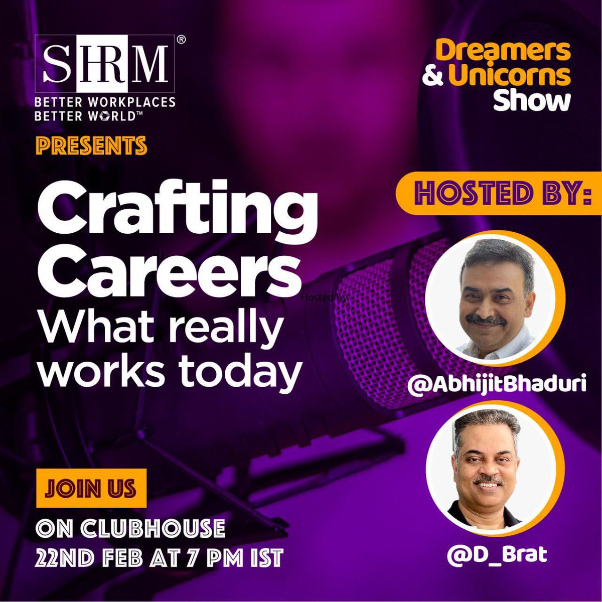 Celebrate <a href="/SHRMindia/">SHRM India</a> debut on Clubhouse on Monday 22  Feb 2021 at 7pm IST.  Co-hosted with <a href="/D_Brat/">Debu Mishra</a> “Crafting Careers: What really works today”. Our guest is the CEO of Randstadt India @Paul_DupuisRSTD Click to join joinclubhouse.com/event/m2QWgq2p Thanks <a href="/AchalKhanna1/">Achal Khanna</a>